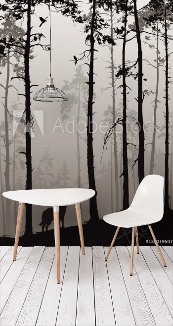 Bild på Silhouette of a pine forest with wolves and birds brown colors vector illustration